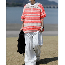 8XL-M特大码美式复古条纹撞色针织POLO衫翻领休闲短袖TDX311P35，男装T恤，电商D206-1