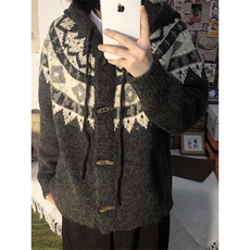 重磅秋冬北极绒开衫毛衣美式复古休闲慵懒风牛角扣针织衫连帽外套，男装针织衫/毛衣，电商A486