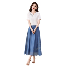 文艺气质天丝刺绣半身裙女中长款高腰半裙2026夏新款百搭a字裙，女装半身裙，倪叶myz