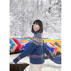 费尔岛拉链慵懒风蓝色毛衣外套女秋冬季2025新款复古针织开衫上衣，男装针织衫/毛衣，星座506A