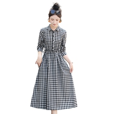黑白格子连衣裙女2025春秋新款复古气质中长款收腰显瘦衬衫领裙子，女装连衣裙，鑫思依格