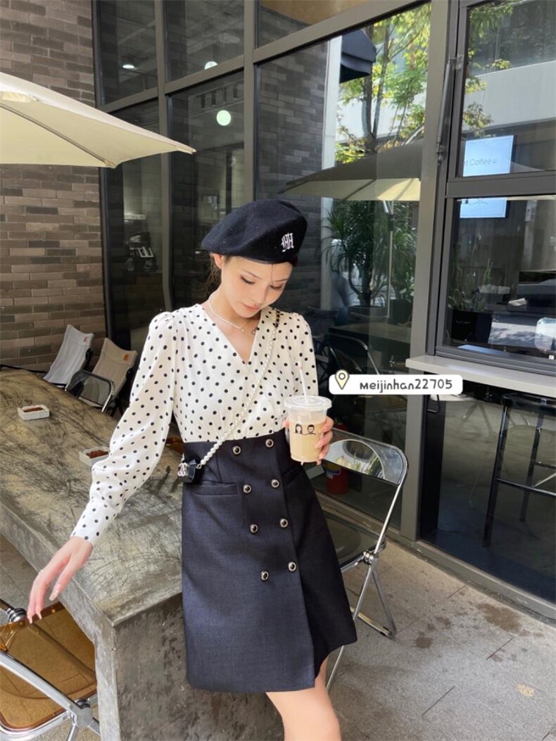 假两件波点连衣裙，女装连衣裙，美巾涵