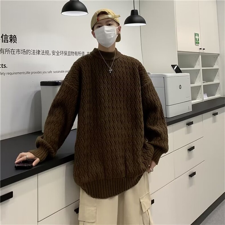 波浪纹毛衣男士潮牌纯色宽松日系慵懒内搭圆领宽XZ002-P50,男装针织衫/毛衣,星座1109-3
