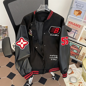 美式复古PU皮衣拼接夹克潮流宽松休闲棒球服图片