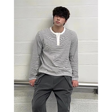 简约覆古亨利领条纹长袖t恤男cleanfit基础款通勤宽松百搭打底衫，男装T恤，星座506A