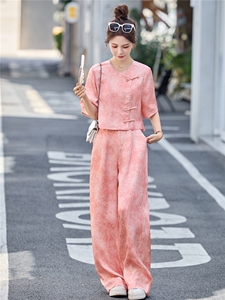 巨好看的年轻洋气套装女2025夏季新款民国风中式盘扣超火两件套裤图片