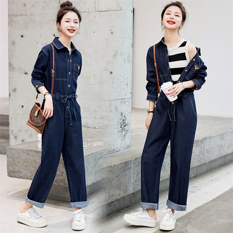 牛仔连体裤女春秋高级感2025新款连身裤气质连衣裤女神范时尚，女装连体裤，E百度