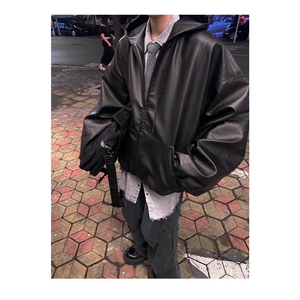 短宽连帽皮衣外套男春秋cleanfit美式痞帅高级感廓形宽松PU皮夹克图片