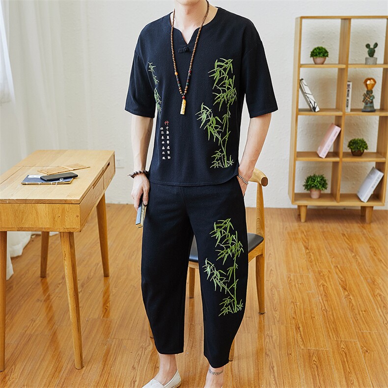 夏季棉麻套装男亚麻短袖t恤韩版潮流休闲v风一套衣服TZ96图片