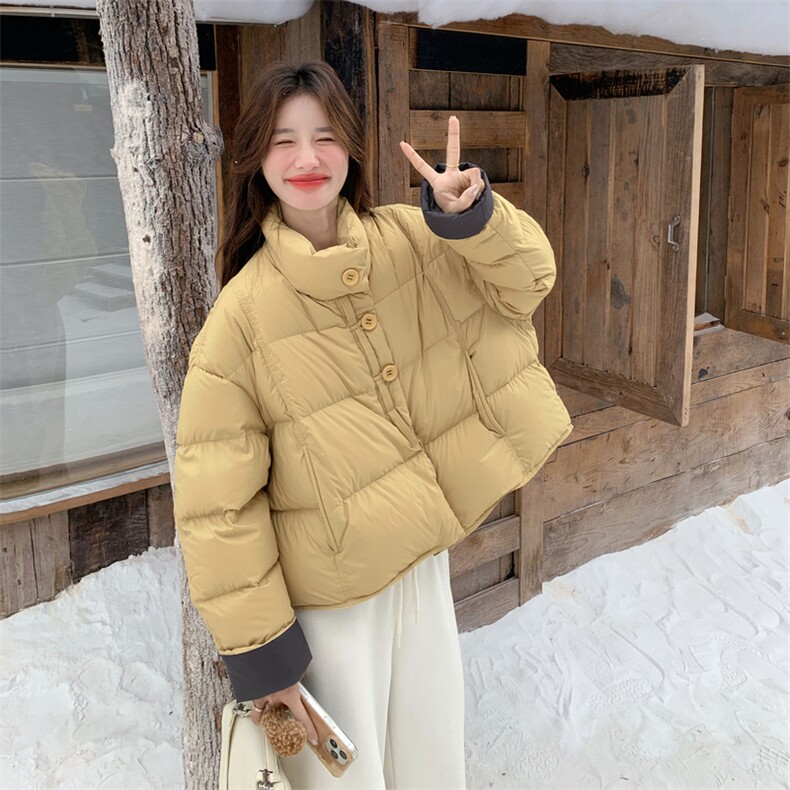 韩系chic黄色泡芙羽绒服女冬超火好看高级小众短款加厚面包服外套,女装羽绒服,2C011