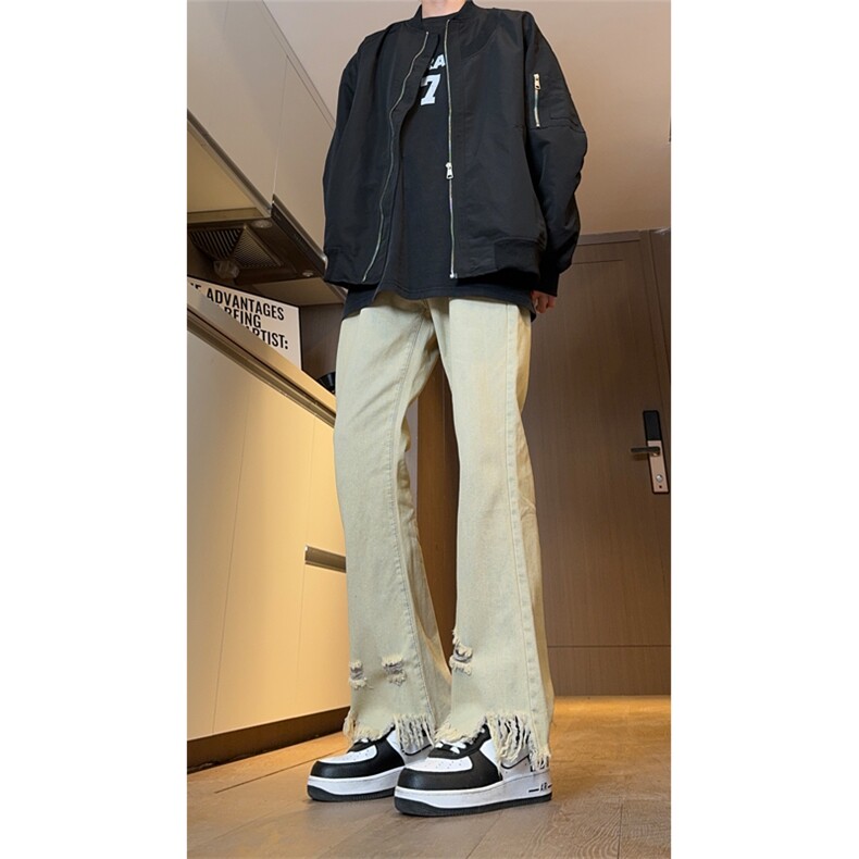 现货秋季美式vibe裤高街黑色破洞微喇直筒毛边牛仔裤男K890-P55,男装牛仔裤,星座205