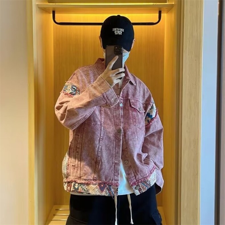 美式复古情侣装拼接撞色牛仔外套男女春秋韩版bf宽松帅气夹克上衣，男装工装外套，星座1210-1