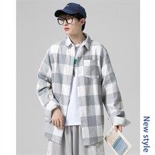 2021秋季新无影墙港风宽松翻领休闲大码男格子衬衫C512-P40，男装衬衫，电商A001