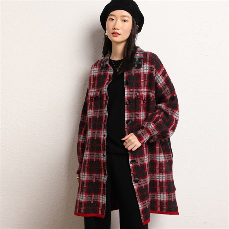 羊绒开衫女中长款千鸟格子衬衣领针织大衣外套,女装羊绒大衣,五色羊羊绒