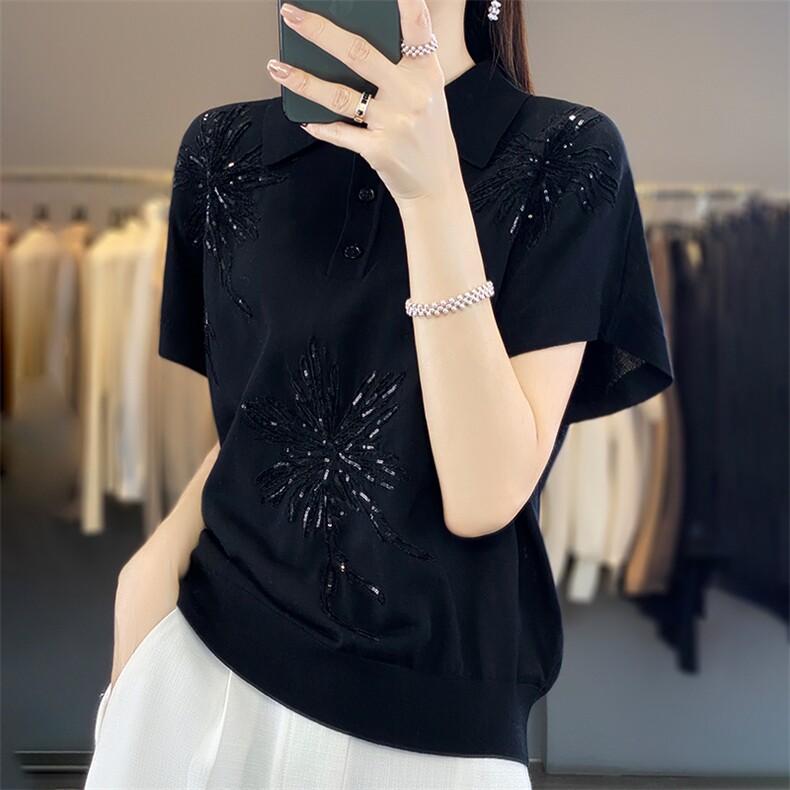 polo领天丝针织短袖女夏季新款纯色绣片提花背心百搭显瘦上衣t恤,女装T恤,暖烁羊绒
