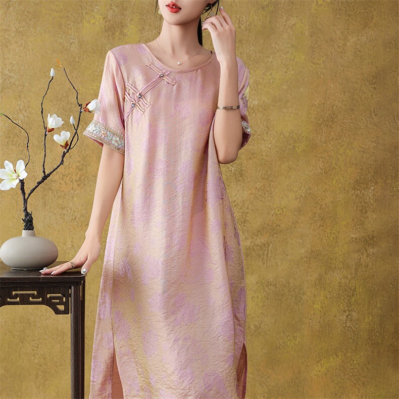 新中式时尚旗袍连衣裙女2025夏季新款妈妈宽松大码棉麻显瘦裤子薄，女装衬衫，朝贺羊绒