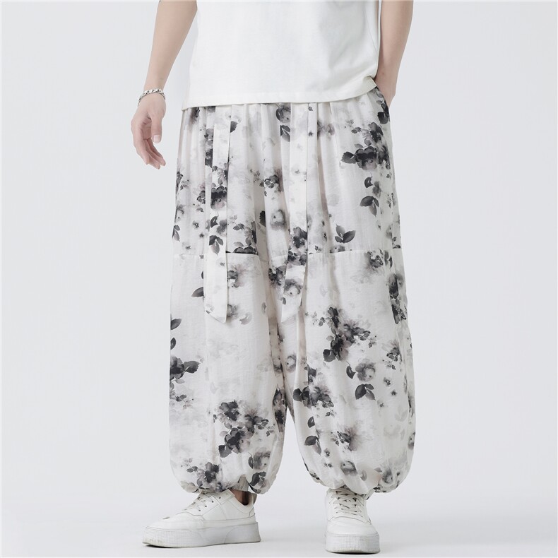 K8501P65无影墙冰丝印花褶皱夏新中式风风宽松哈伦裤，男装休闲裤，电商A026