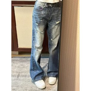 美式复古闪电纹乞丐破洞牛仔裤25新款设计感微喇高街裤子G77-P48