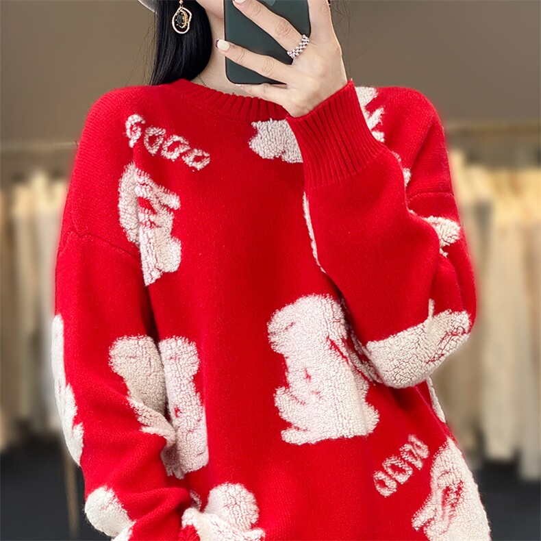 2023兔年本命年新款加厚衫情侣款圆领红色毛衣显瘦百搭,女装羊毛衫,斯尔特羊绒