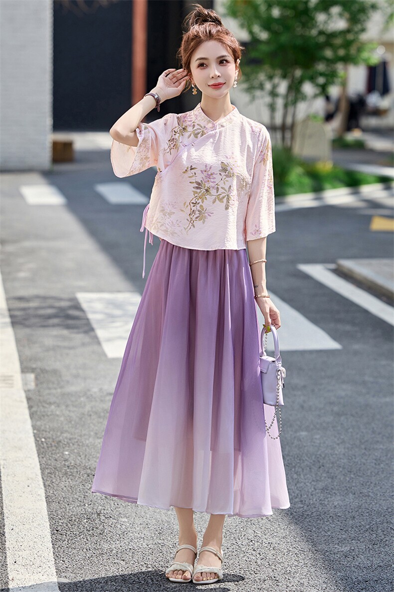 紫色新中式国风套装裙女2025夏季改良汉服日常可穿禅意茶服两件套,女装连衣裙,英标秀（1C119）