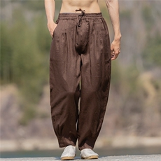 纯亚麻裤子男九分裤夏季薄款宽松脚口褶皱休闲裤K48，男装休闲裤，星座704A（原B229A）