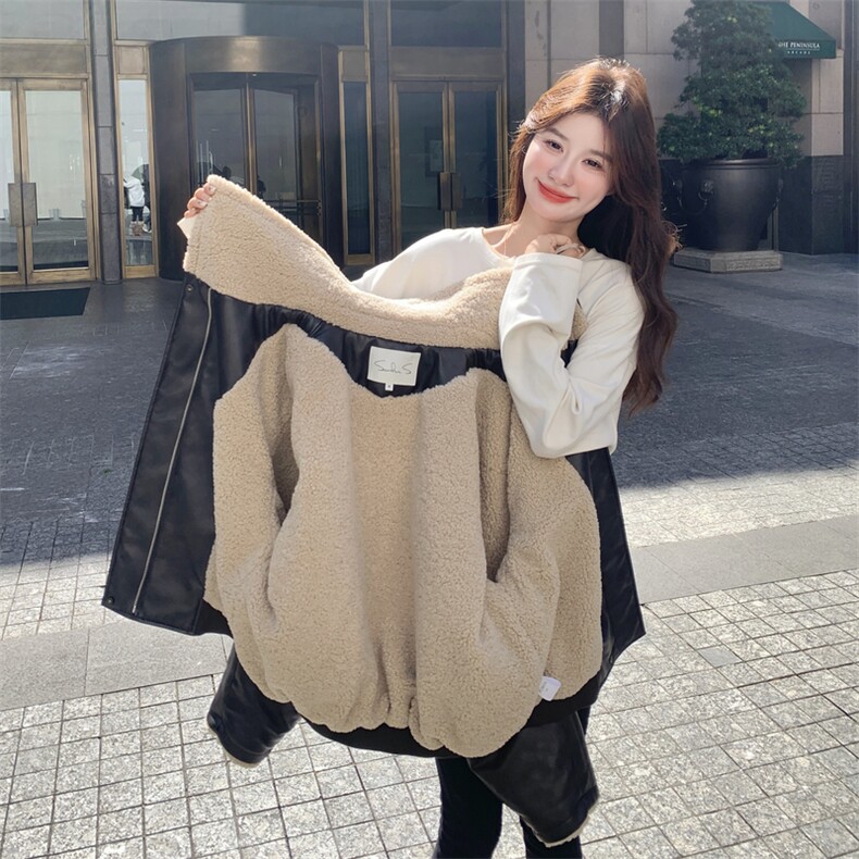 【新品】复古肌理皮衣羊羔毛加绒加厚PU2C016-8030-P270-K398,女装皮衣,2C016