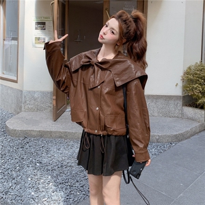 美拉德风娃娃领短款PU皮衣外套女2025年春秋季新款设计感减龄夹克图片