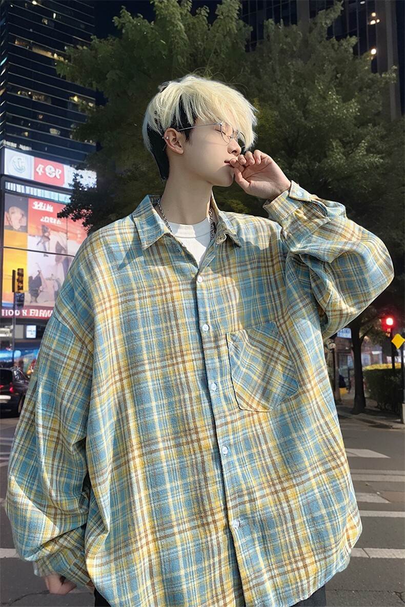 衬衫男秋季新款港风宽松大码磨毛格子长袖衬衣CS601-特P27,男装衬衫,星座214-3