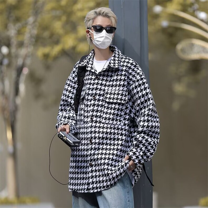 千鸟格小香风外套男春秋季呢料上衣潮流学院风工装夹克JK099P85,男装夹克,星座410-2