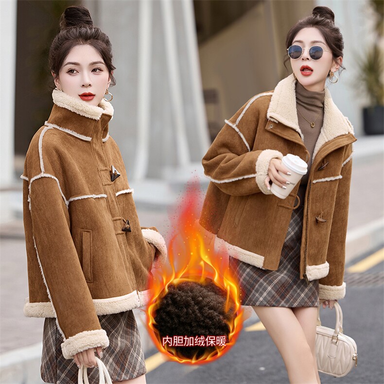皮毛一体羊羔毛外套女冬2026新款仿鹿皮绒短款加绒加厚机车服上衣,女装棉衣/棉服,蓝诺裳