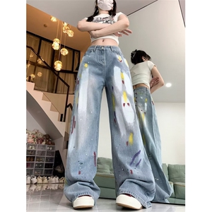 美式复古辣妹牛仔裤女2025春秋新款设计感涂鸦直筒阔腿拖地长裤子图片