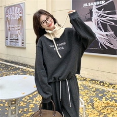 灰色复古针织立领拼接卫衣套装女2026冬韩系休闲运动阔腿裤两件套，女装套装/套裙，2C159