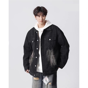 重工美式破洞牛仔外套男女春秋牛仔夹克翻领情侣上衣HHG52 P79图片