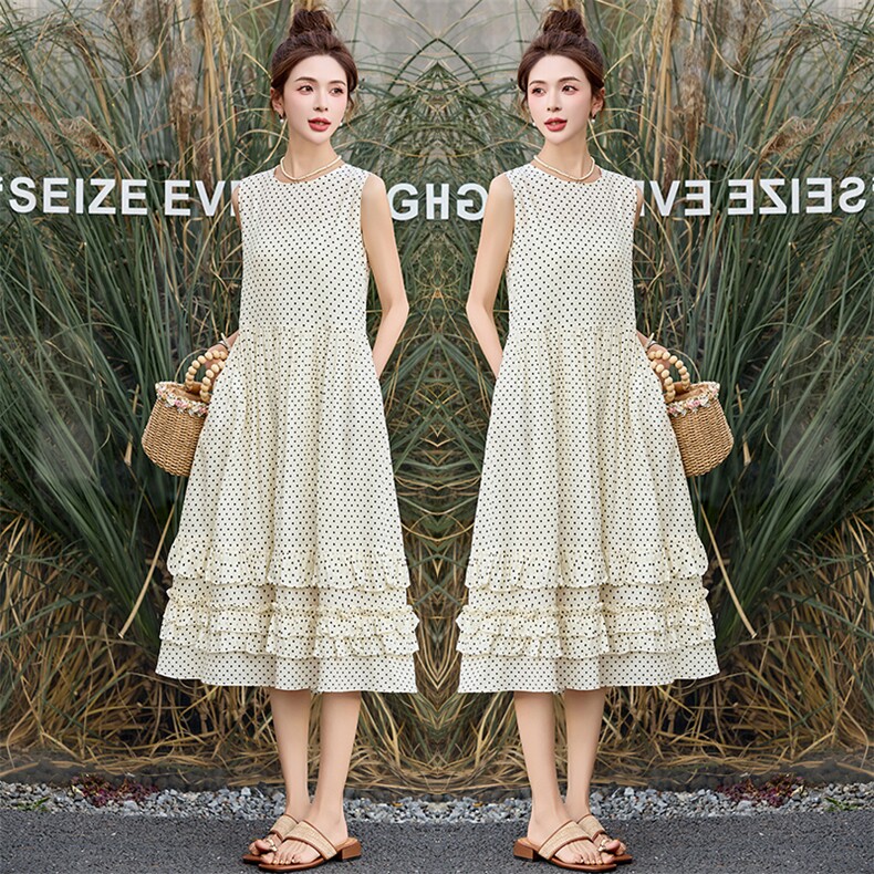 时尚气质波点背心连衣裙女2025夏季新款韩版洋气减龄无袖连衣裙女,女装连衣裙,魅丽静蓝
