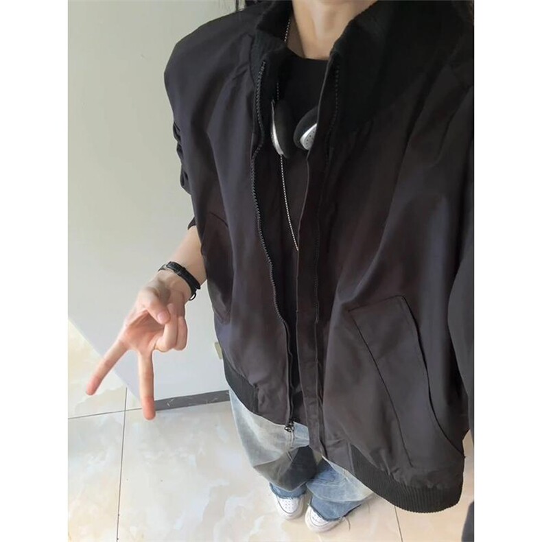 现货26春装美拉德立领飞行夹克纯色复古廓形高街棒球服外套,男装夹克,电商A486-1