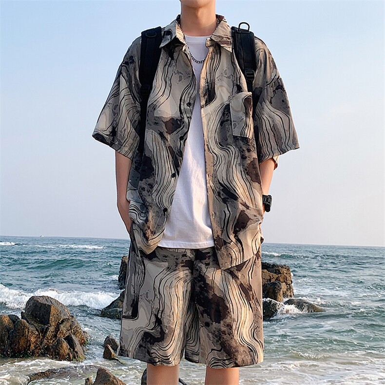 特批P45无差价夏新中式设计感短袖衬衫短裤男士冰丝垂感套装TZ082，男装休闲套装，电商A001