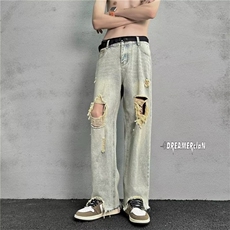 美式复古破洞牛仔裤女夏季2025新款直筒宽松高腰阔腿垂感拖地裤子，男装牛仔裤，星座1210-1