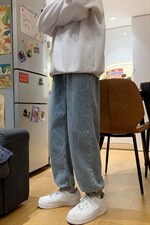 现货港风束脚抽绳休闲浅蓝色男牛仔裤九分裤D201-DM08-P40图片