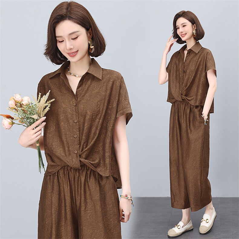 妈妈装时尚天丝套装女夏2025新款宽松洋气短袖衬衫洋气休闲两件套，女装套装/套裙，雪樱依海