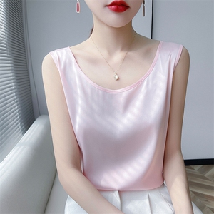 夏季真丝吊带背心女纯色内搭配西装圆领黑色白色打底宽松外穿上衣图片
