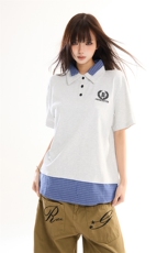 2026学院风假两件POLO衫短袖t恤女格纹拼接翻领情侣上衣YD284-P45，男装T恤，星座509