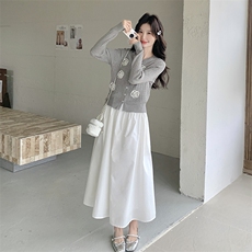 韩系温柔风白色吊带连衣裙女2025春秋新款气质针织开衫，女装连衣裙，维壹