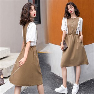 2022年夏季简约时尚铜氨丝拼接显瘦中长连衣裙,女装连衣裙,韩蜜菓