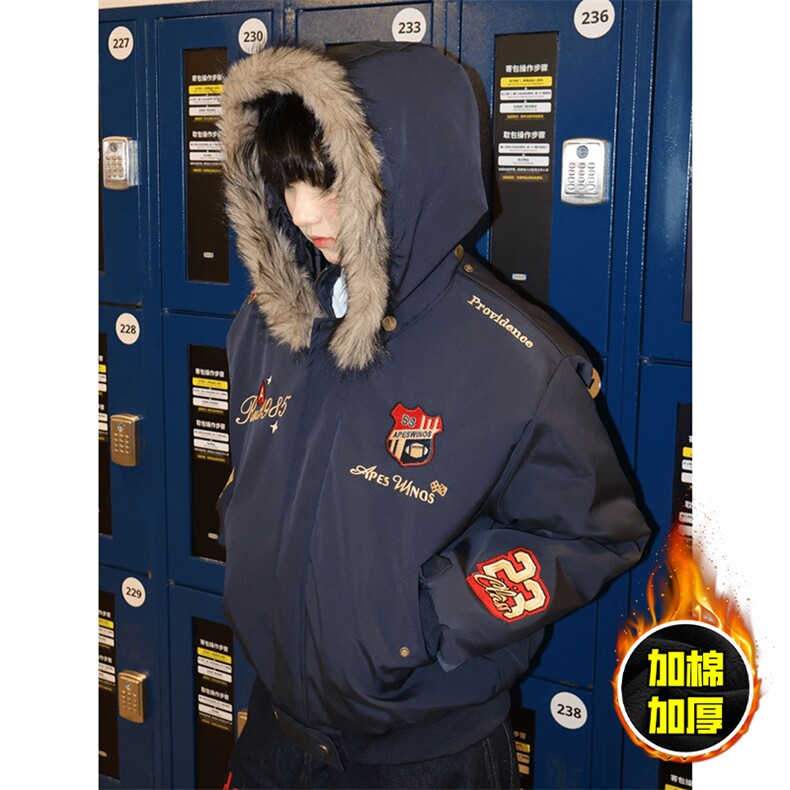现货高品质美式高街重磅刺绣座山雕大毛毛领棉衣男女加厚棉服外套，男装棉衣，电商A486