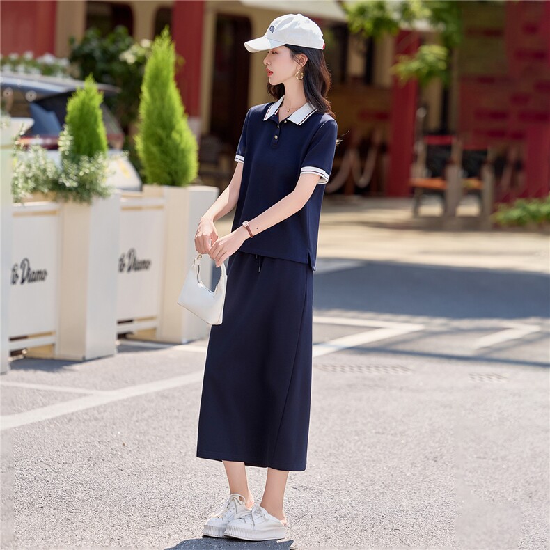 2026夏季新款学院风翻领短袖A字半裙套装女藏青色休闲质感两件套,女装套装/套裙,欧米莱