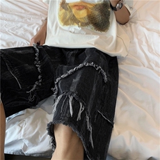 毛边乞丐五分裤宽松直筒潮流暗黑做旧猫须牛仔短裤男K3224-P38，男装牛仔裤，星座512-2