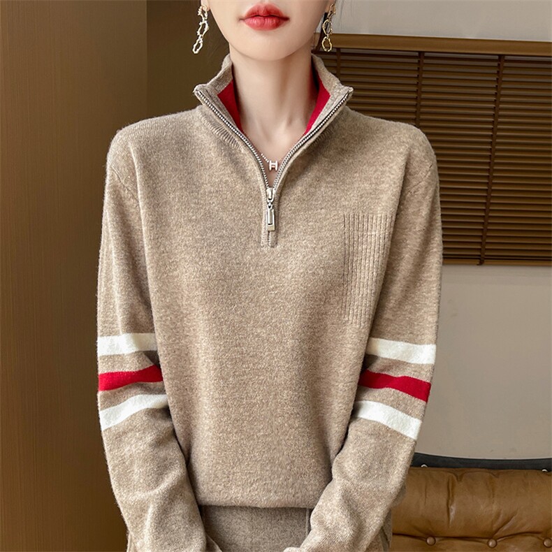秋冬100%纯羊毛衫女半开领拉链拼色加厚针织毛衣宽松打底羊绒上衣,女装羊毛衫,狄美羊绒