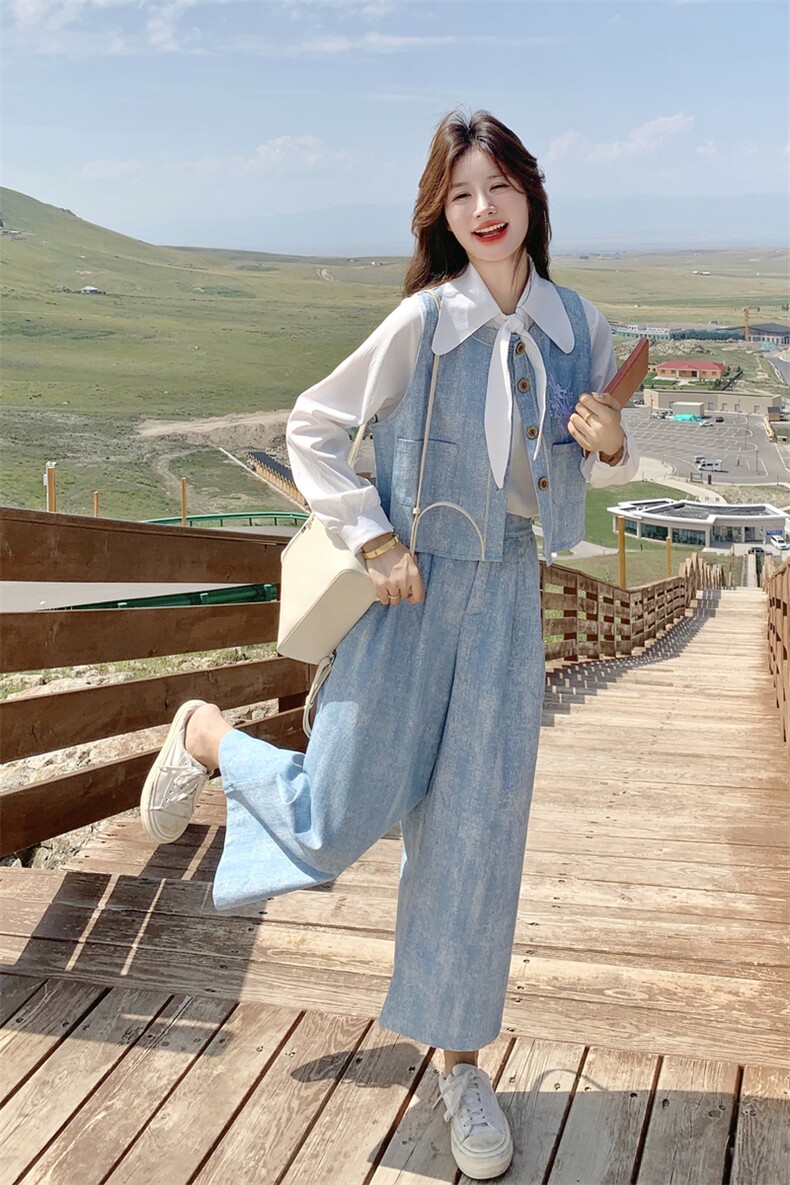 浅蓝色盐甜系扎染牛仔马甲套装女2025秋新款长袖衬衫阔腿裤三件套,女装套装/套裙,2C133