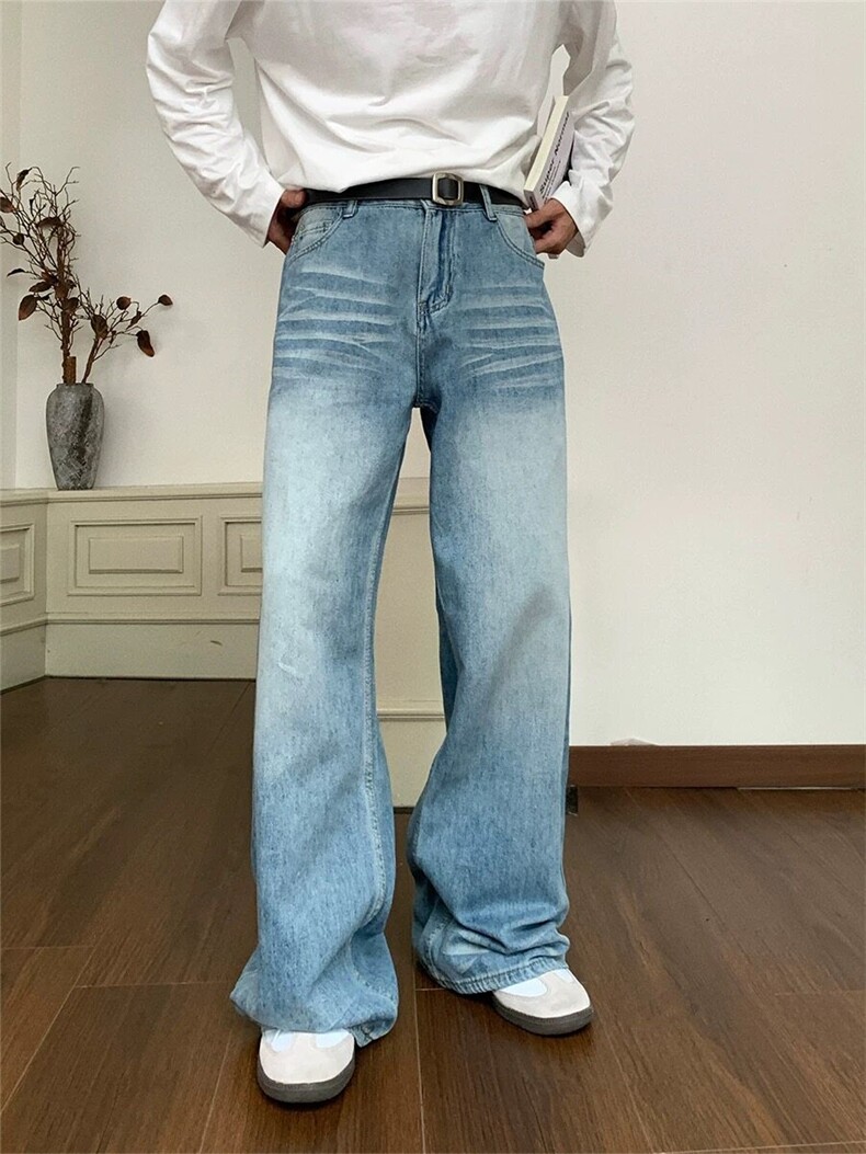 Holocene水洗浅蓝色牛仔裤男款宽松直筒cleanfit裤子美式阔腿长裤,男装牛仔裤,电商D256A(原A064A)