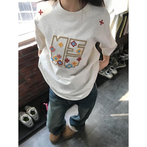 网图有货 美式数字几何刺绣短袖T恤男女宽松情侣圆领上衣A528-P32图片